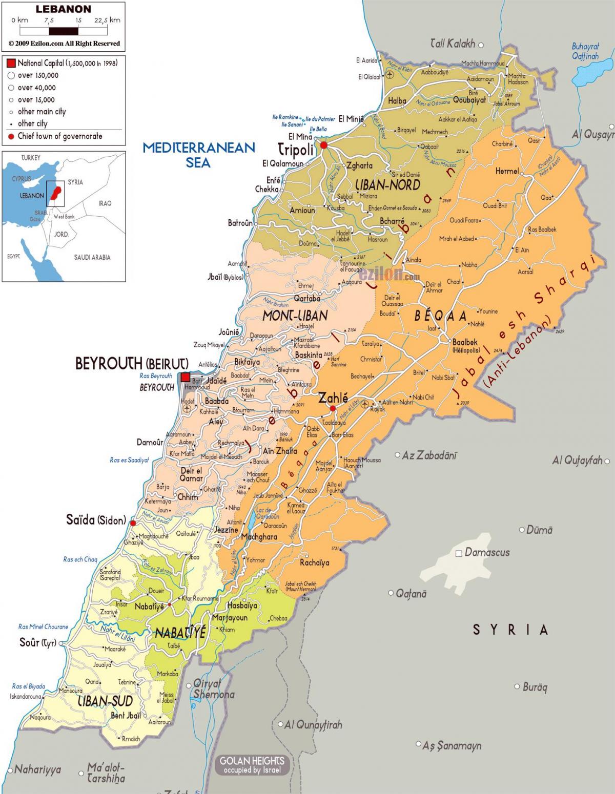 Detaillierte Karte von Libanon